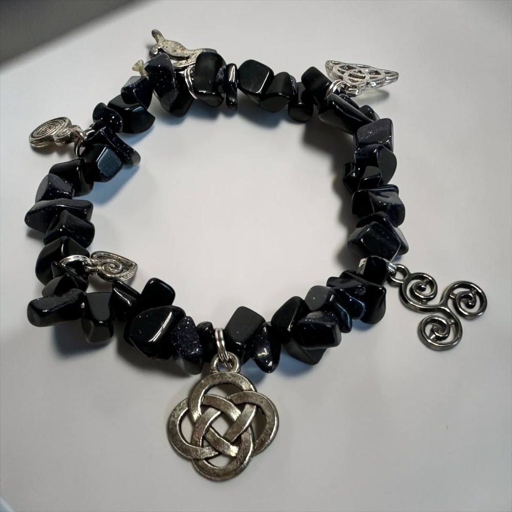 Celtic Knot Triskele Pentacle Charm Bracelet‎ Black Onyx Blue Goldstone